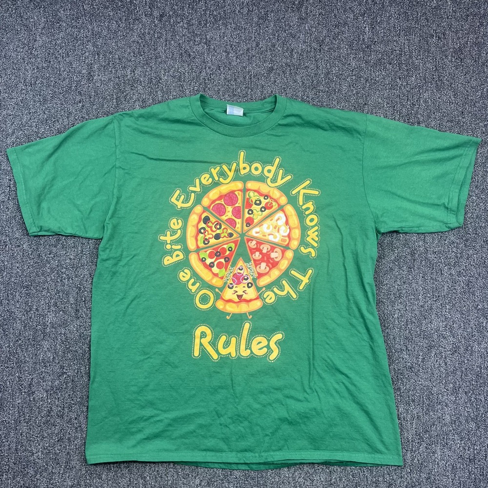 Port & Company One Bite Everybody Knows The Rules Pizza T-Shirt XL Green Graphic